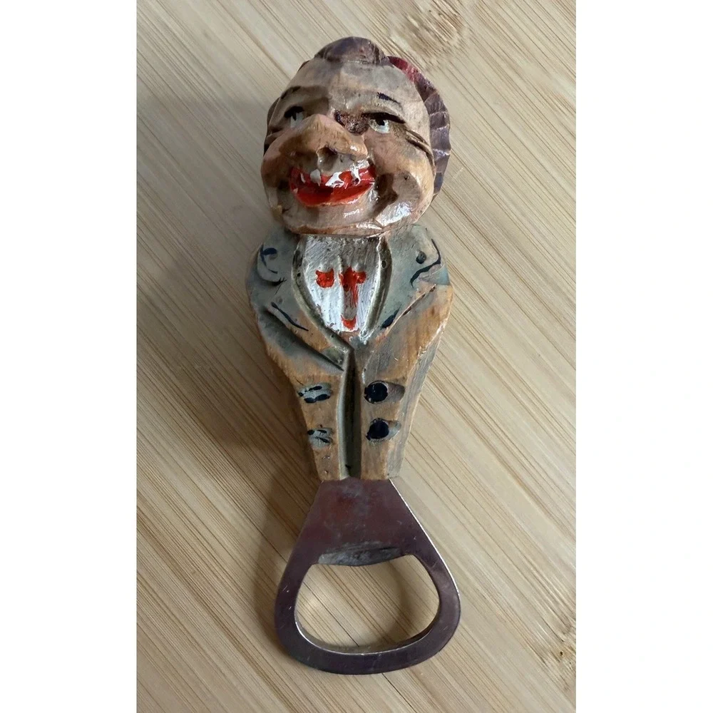 Vintage Hand-Carved Wooden Figural Bottle Opener Whimsical Man European Folk Art